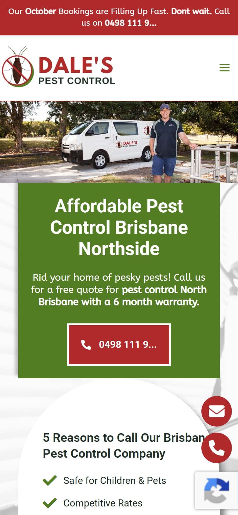 Dale's Pest Control website on a mobile phone