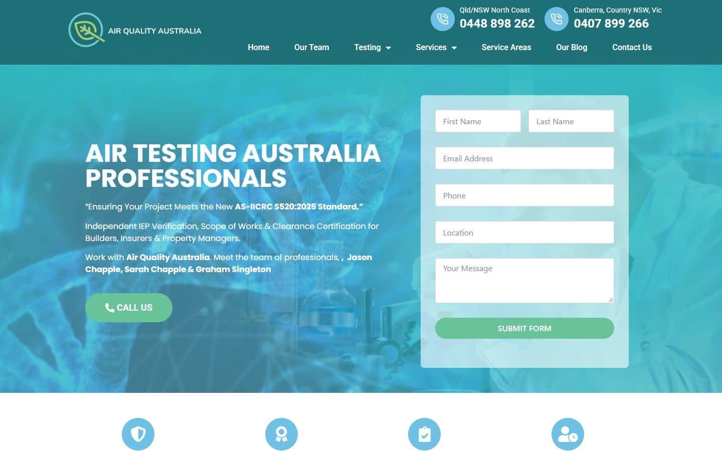 Air Quality Australia homepage with an enquiry form over a blue air testing hero