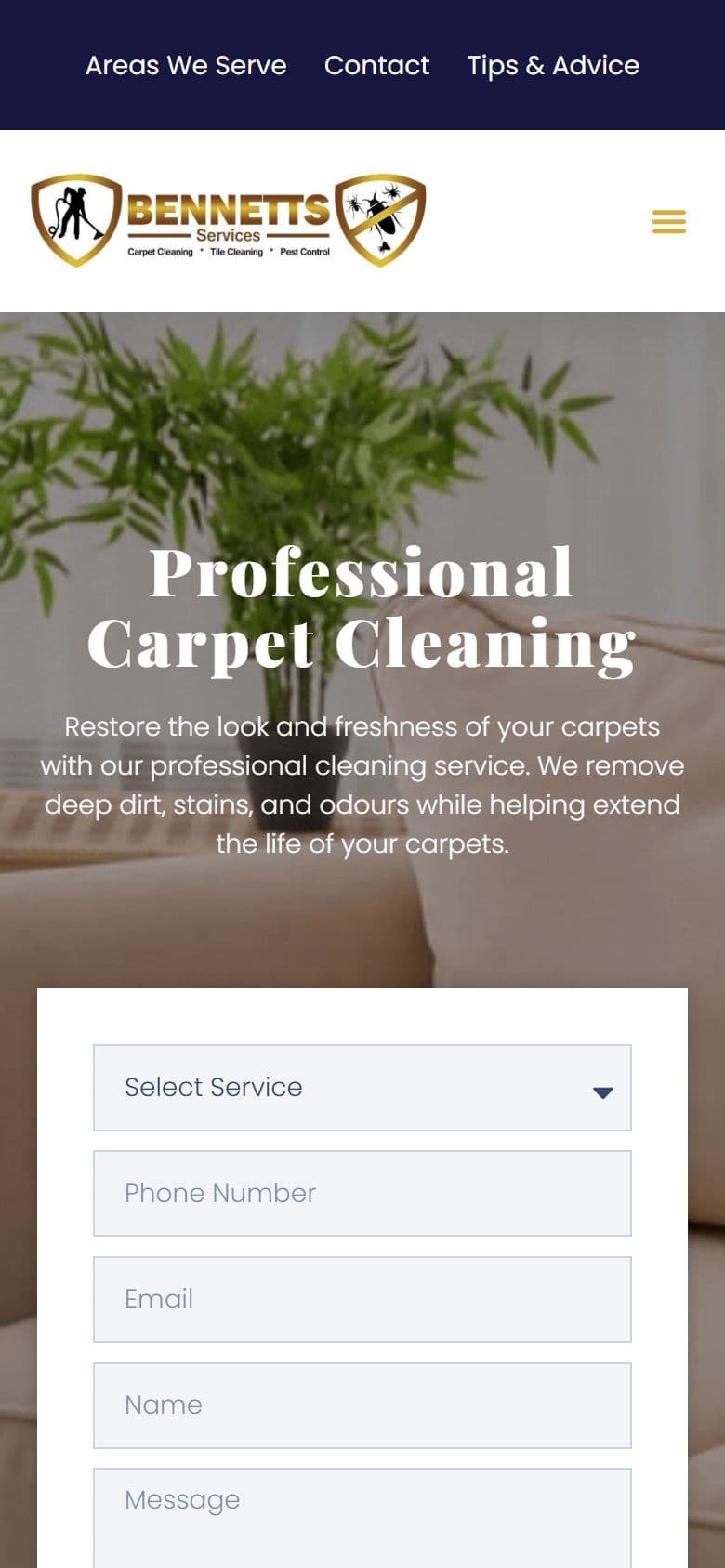 Bennetts Services website on a mobile phone
