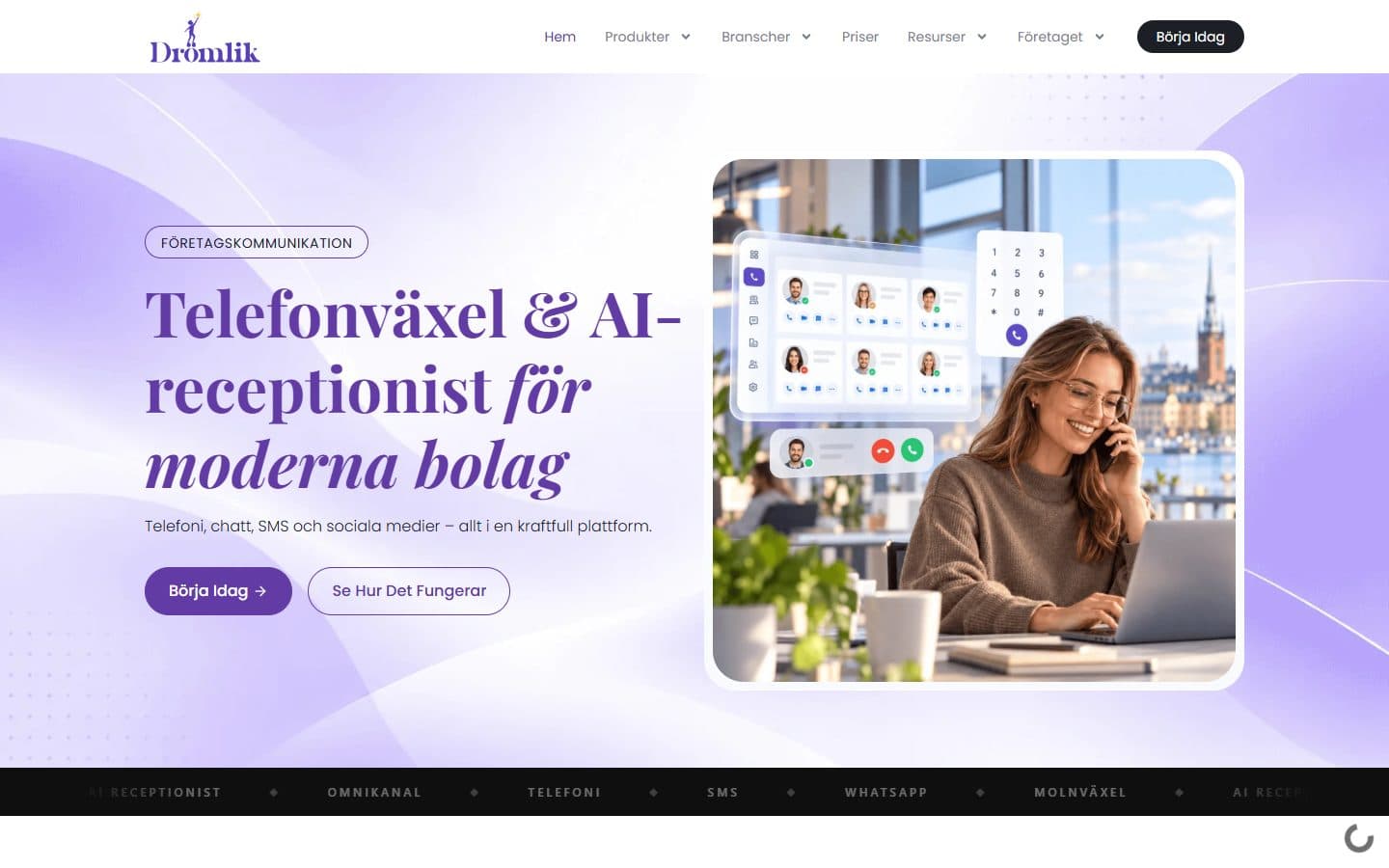 Drömlik Sweden homepage: phone system and AI receptionist for modern businesses
