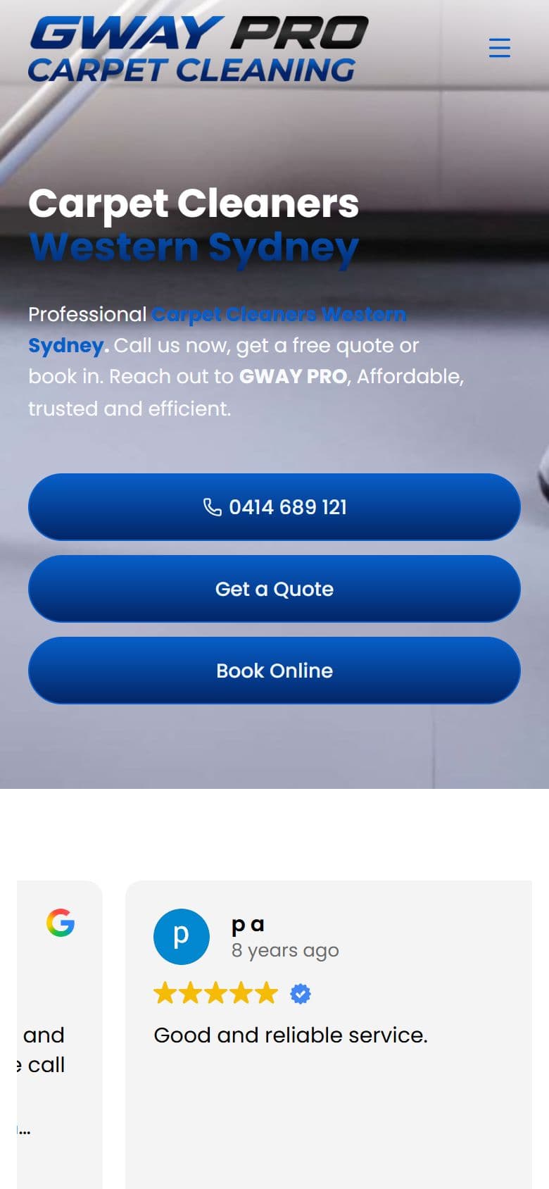 GWAY Pro Carpet Cleaning website on a mobile phone