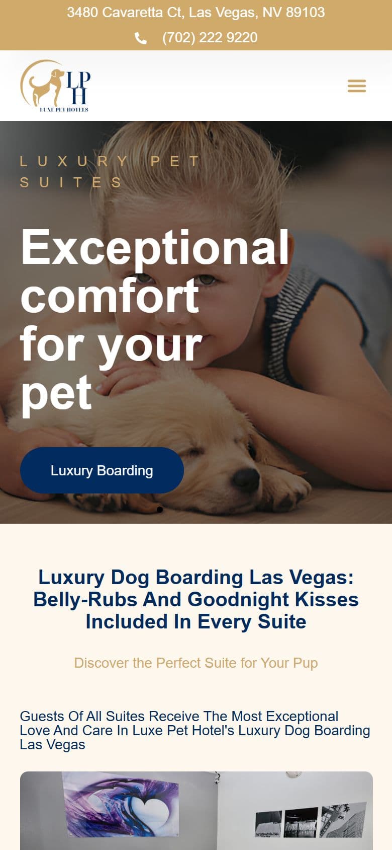 Luxe Pet Hotels website on a mobile phone