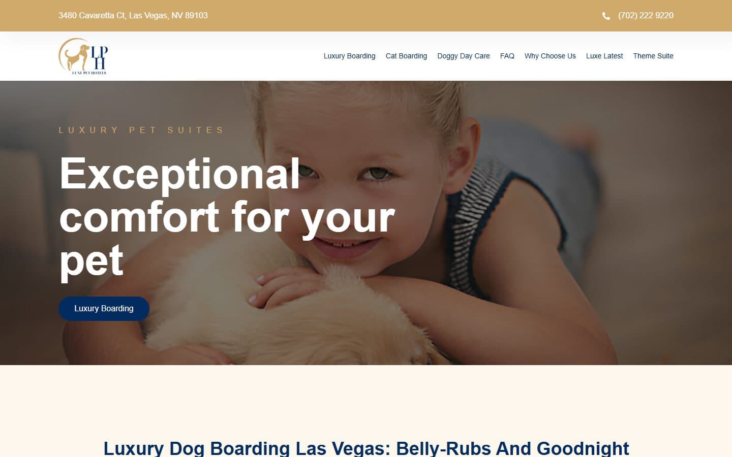 Luxe Pet Hotels homepage for luxury dog boarding in Las Vegas