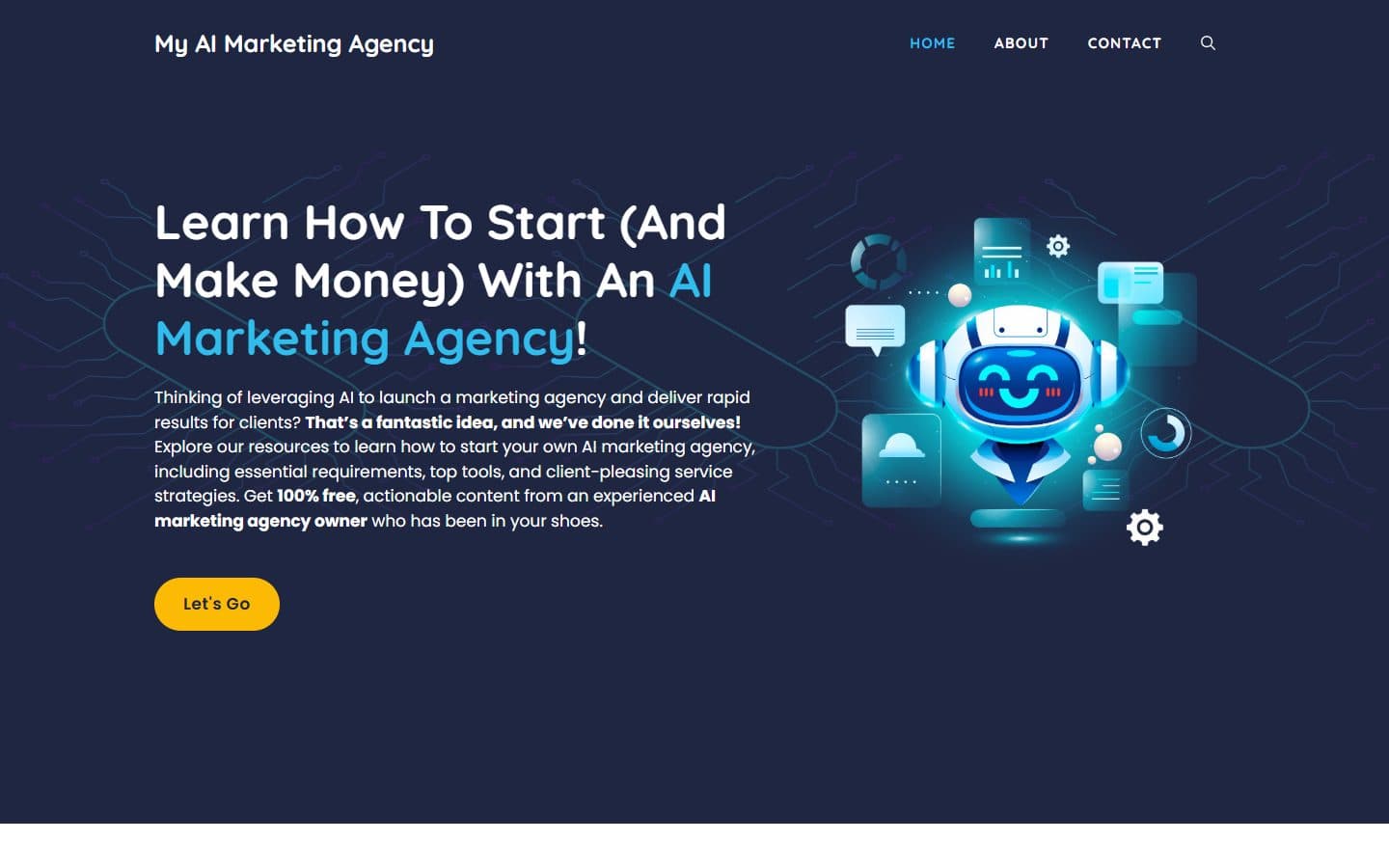 My AI Marketing Agency homepage: learn how to start an AI marketing agency