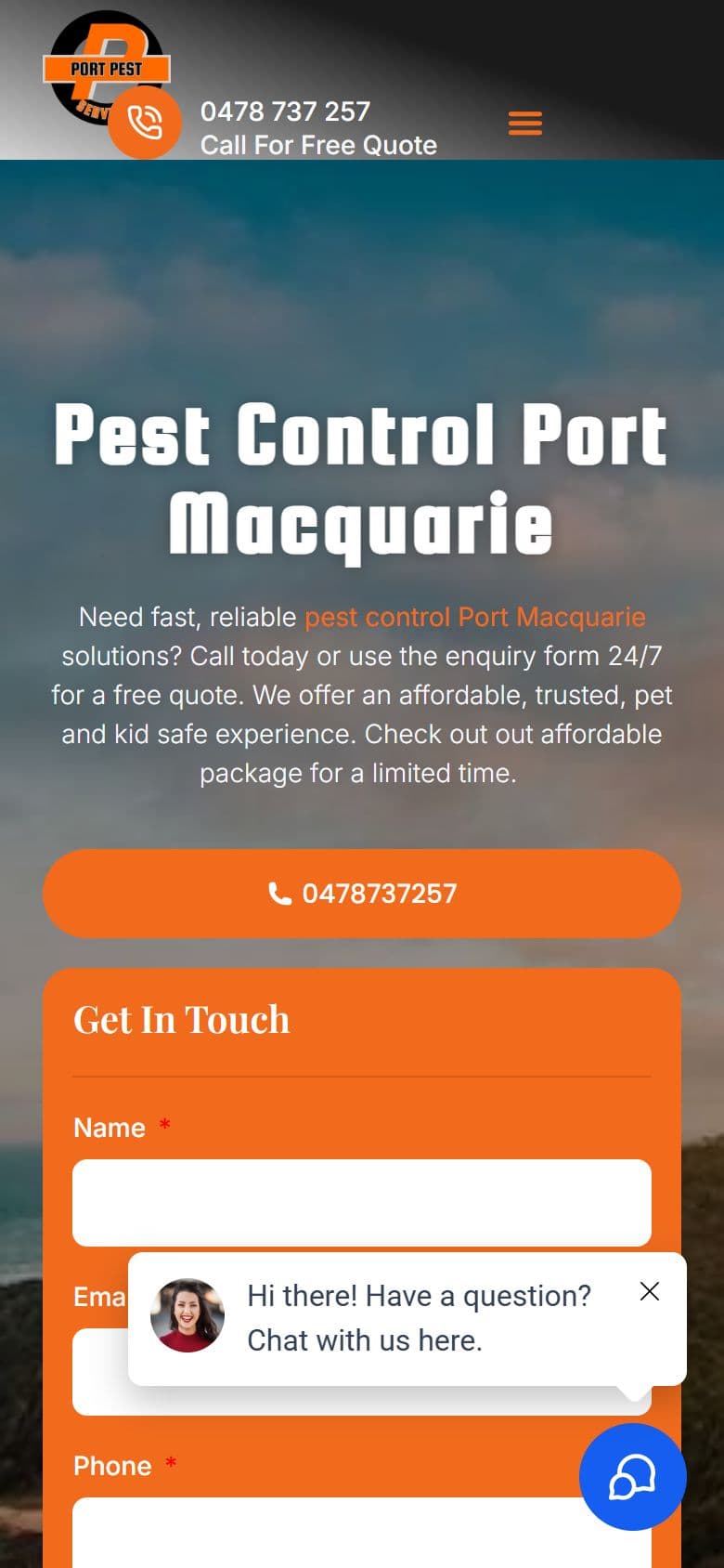 Port Pest Services website on a mobile phone