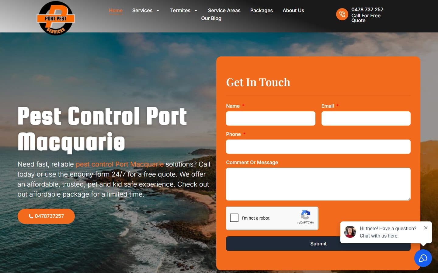 Port Pest Services homepage: pest control Port Macquarie with an enquiry form