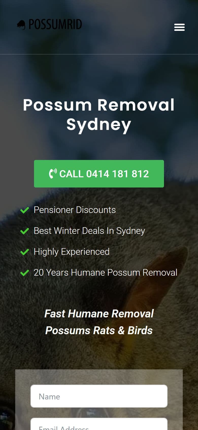 Possum Rid website on a mobile phone