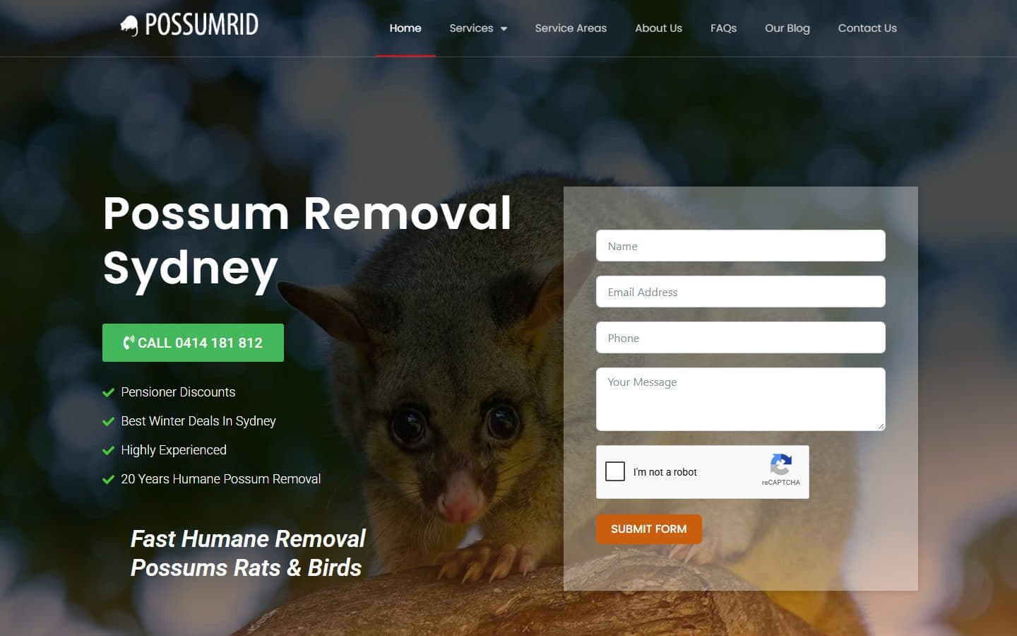 Possum Rid homepage: possum removal Sydney with a call button and enquiry form