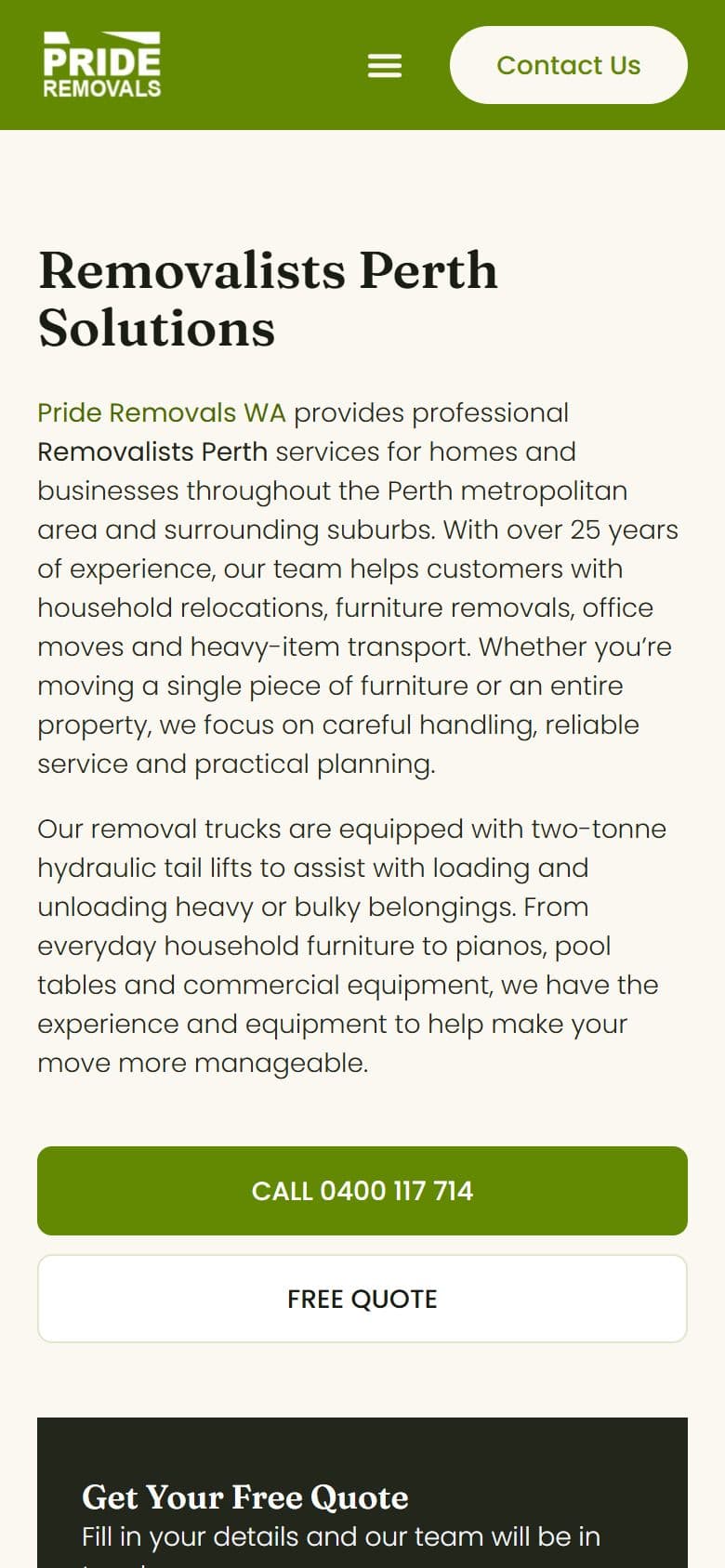 Pride Removals WA website on a mobile phone