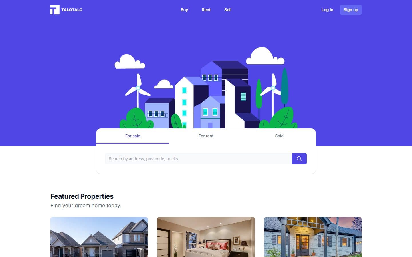TaloTalo homepage with an illustrated city and property search