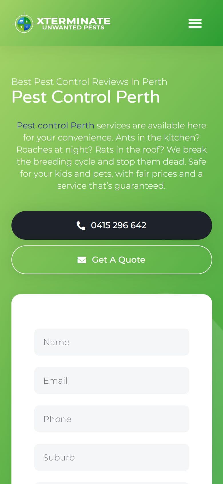 Xterminate Pest Control website on a mobile phone